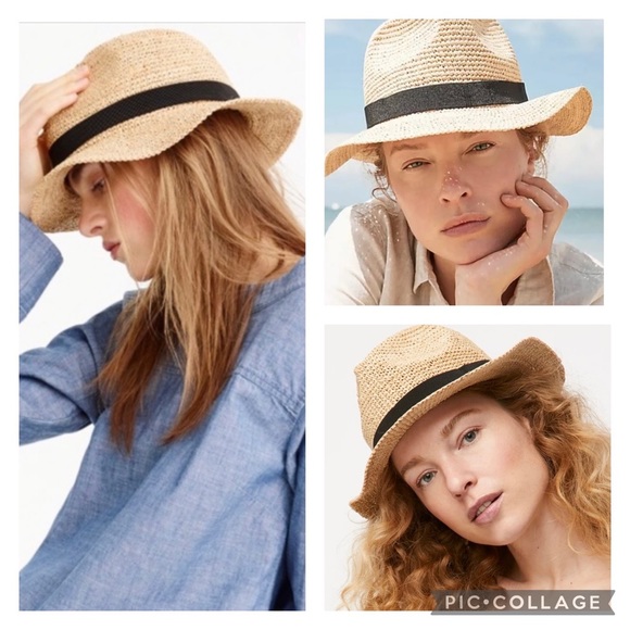 J CREW Women’s 2020 Packable Straw Hat Beige Raffia Black Grosgrain Band